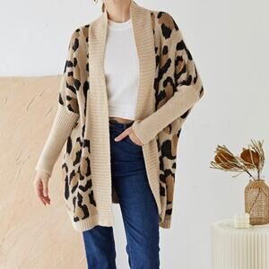 Miss Sparkling Tan Leopard Print Cardigan Cozycore Animal Print Chunky Knit Med